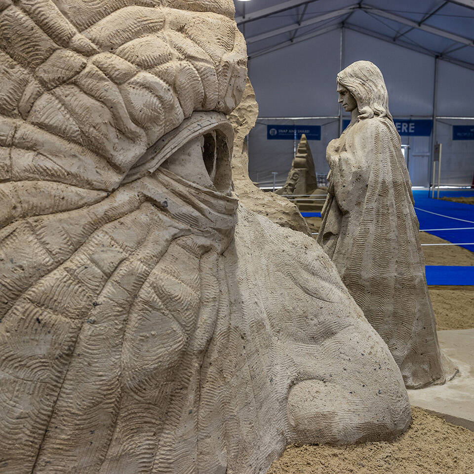 Detail of eye on sculpture in International Sand Sculpture Championship Tent at Neptune Festival