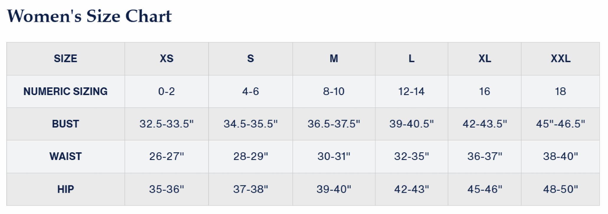 PM Womens Size Chart